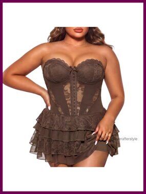 Plus Size Lace Corset Mini Party Dress Built in Shorts Night Out